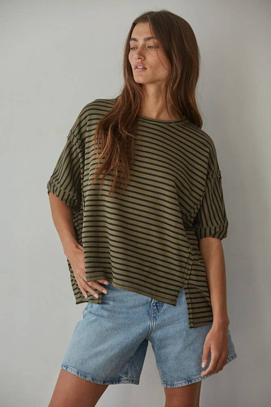 RJ3530 | Knit Cotton Polyester Striped Short Sleeve Top