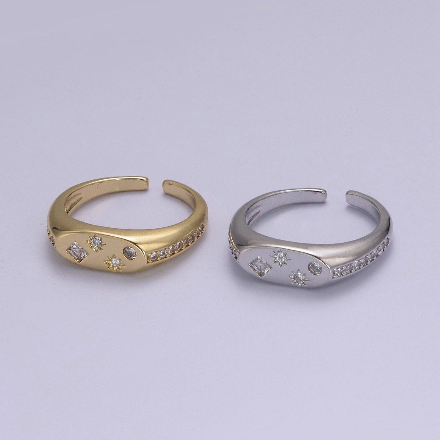 24K Gold Filled Celestial Star Cuff Ring, Micro Pave Crystal