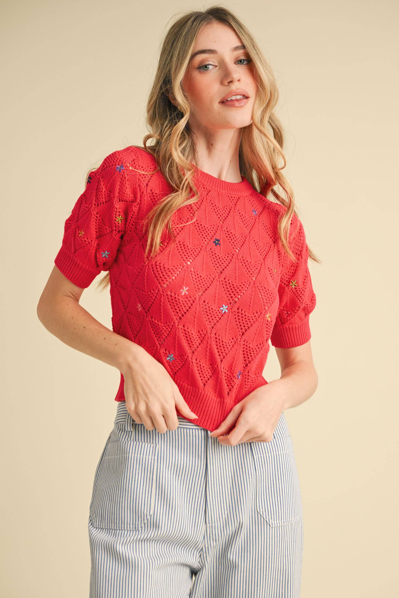 POINTELLE KNIT SWEATER WITH FLORAL EMBROIDERY MSW10819