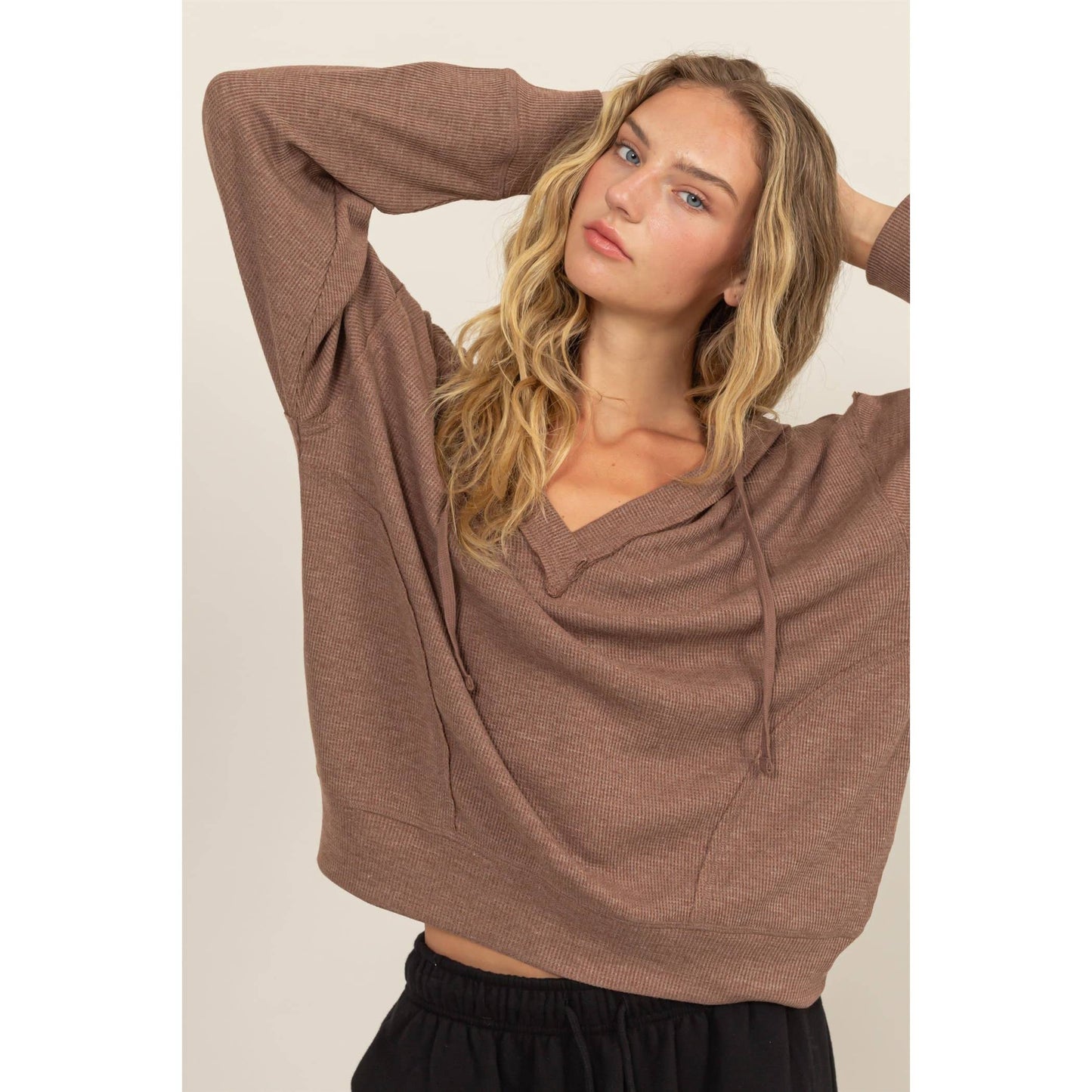 Relaxed Fit Notch Neck Ribbed Hoodie