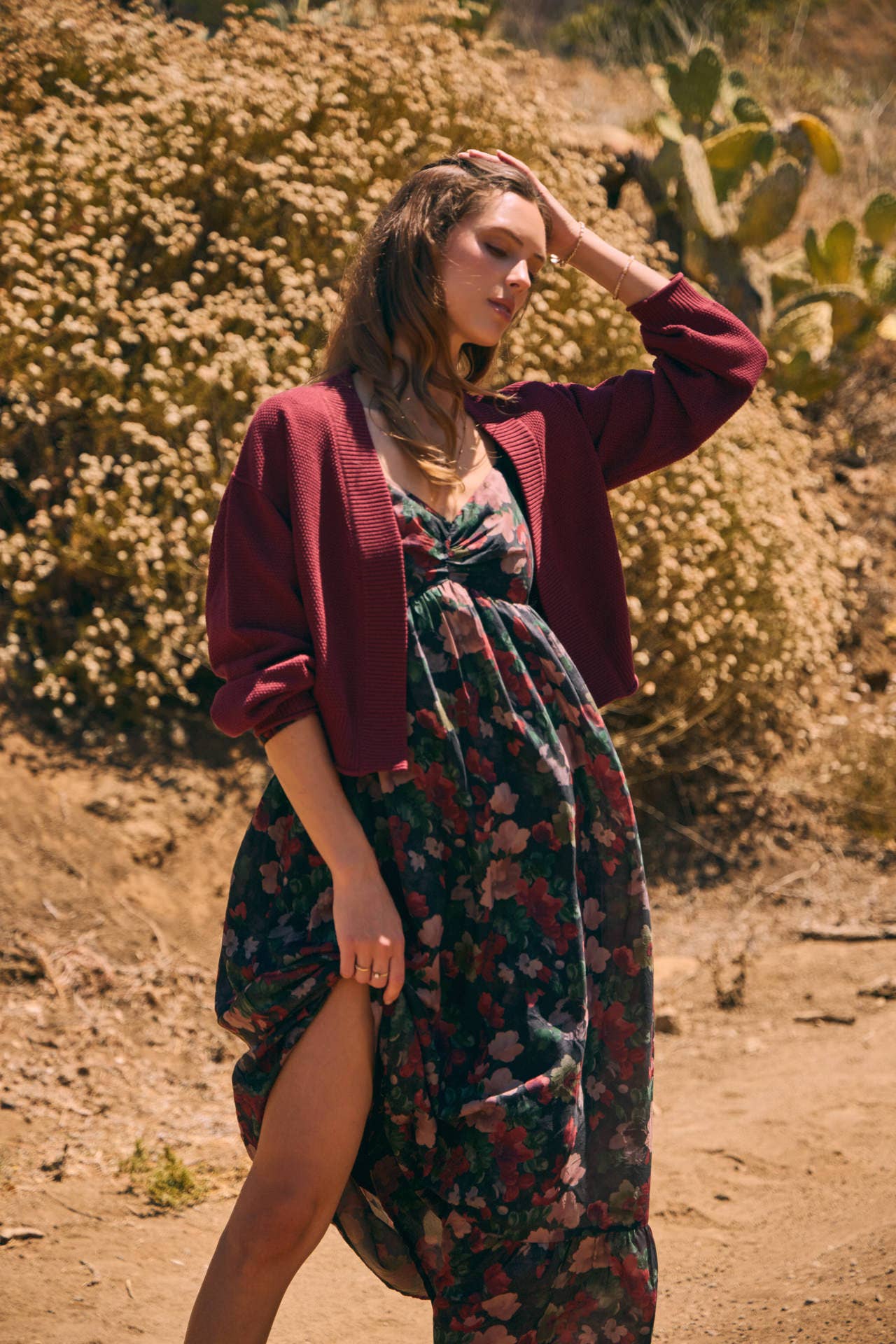 LOVE LETTER TO AUTUMN FLORAL CRINKLED MAXI SMOCKED DRESS