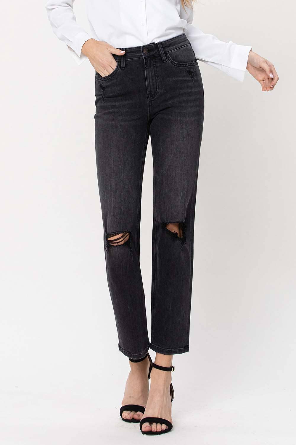 HIGH RISE DISTRESSED CROP STRAIGHT JEANS F4293