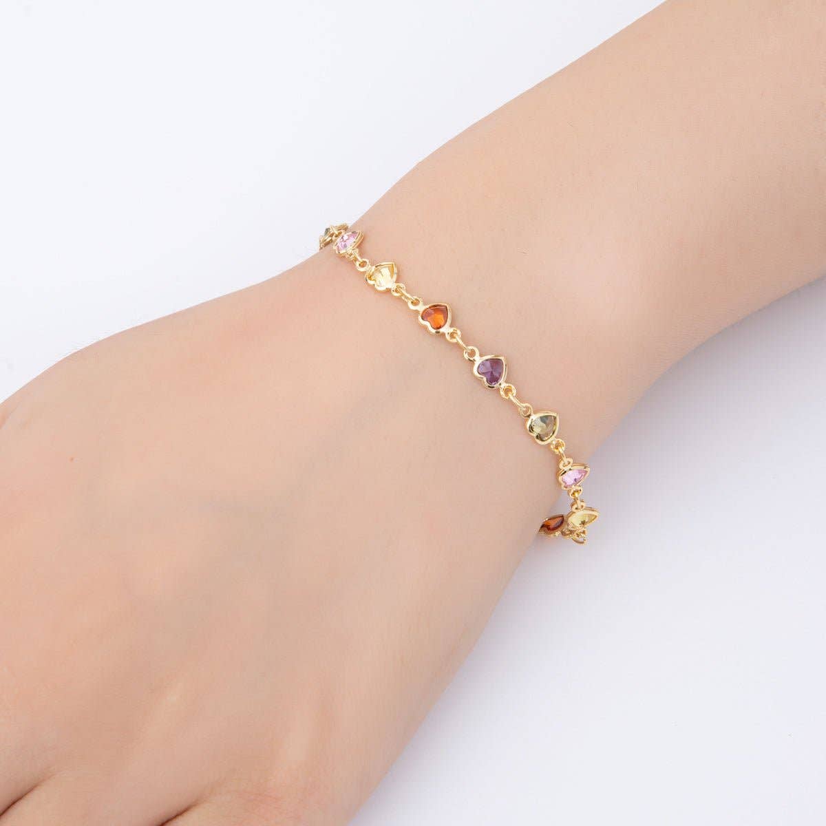 18K Gold Filled Clear, Multicolor, Red CZ Heart Star Sideway Straight 6.9 Inch Bracelet | WA-3781 - WA-3782