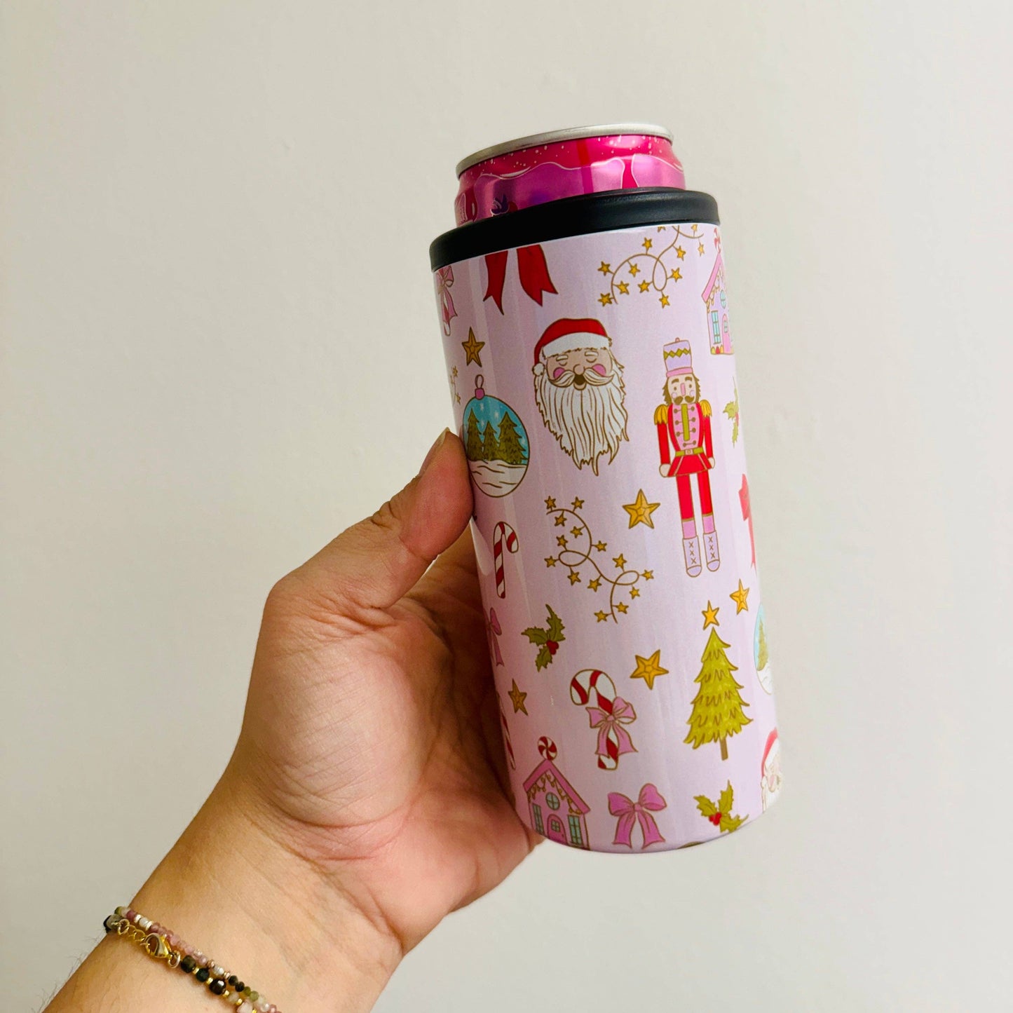 Slim Can Cooler, Pink Christmas Nutcracker Pattern