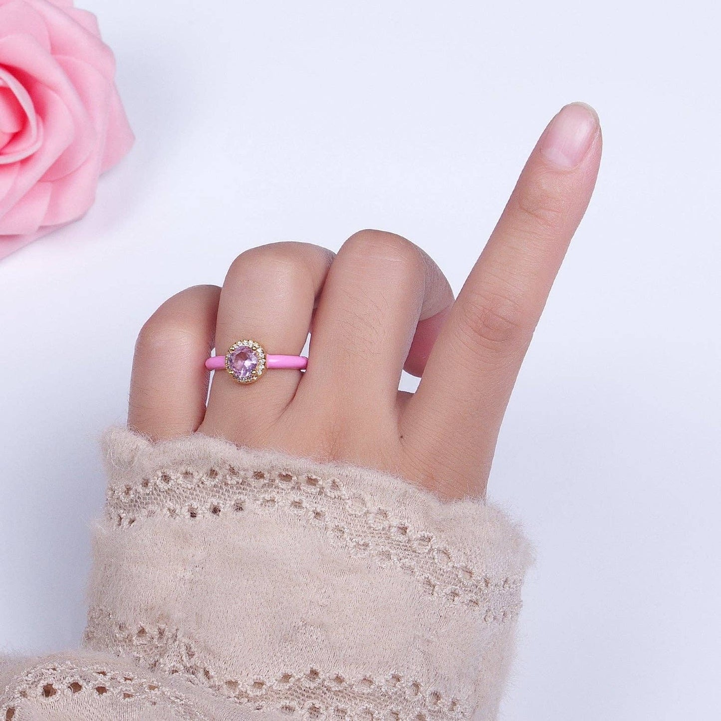 Gold Filled Barbiecore Round Green, White, Pink Micro Paved Enamel Adjustable Ring | Y343 - Y345