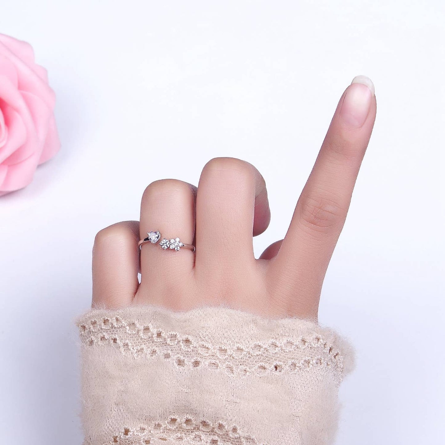 Elegant Dainty CZ Crystal Stone Silver Statement Ring Band