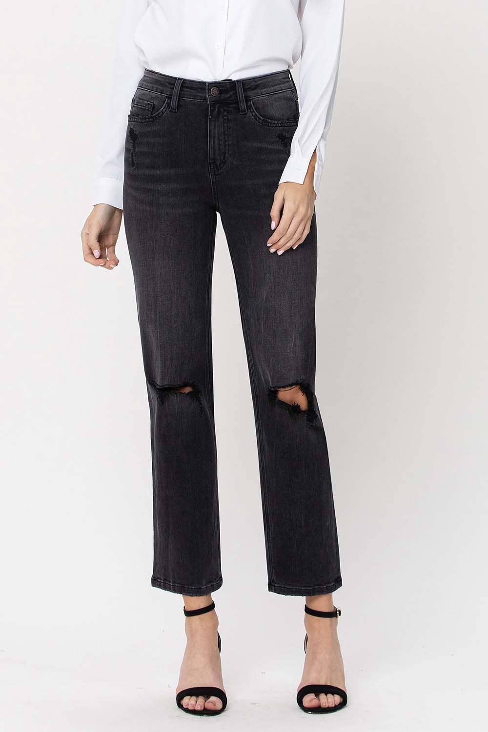 HIGH RISE DISTRESSED CROP STRAIGHT JEANS F4293