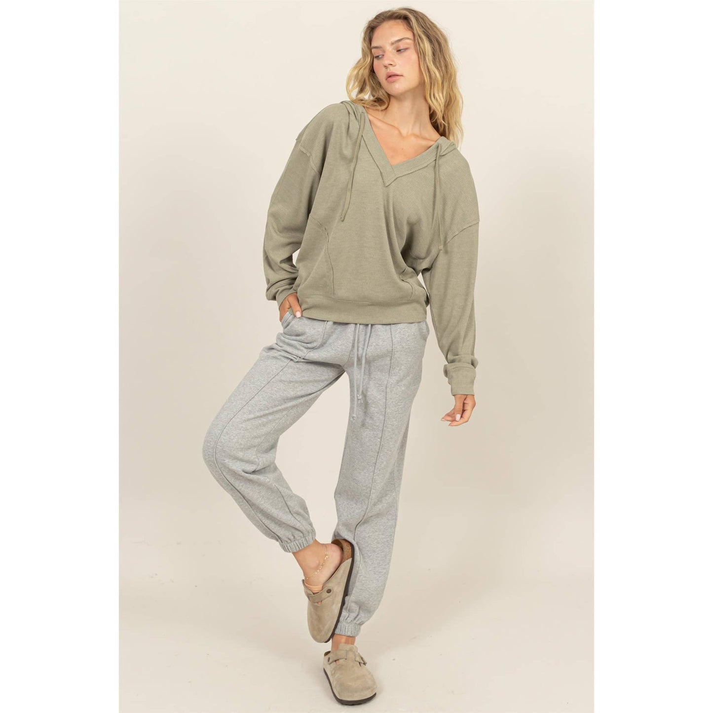 Relaxed Fit Notch Neck Ribbed Hoodie