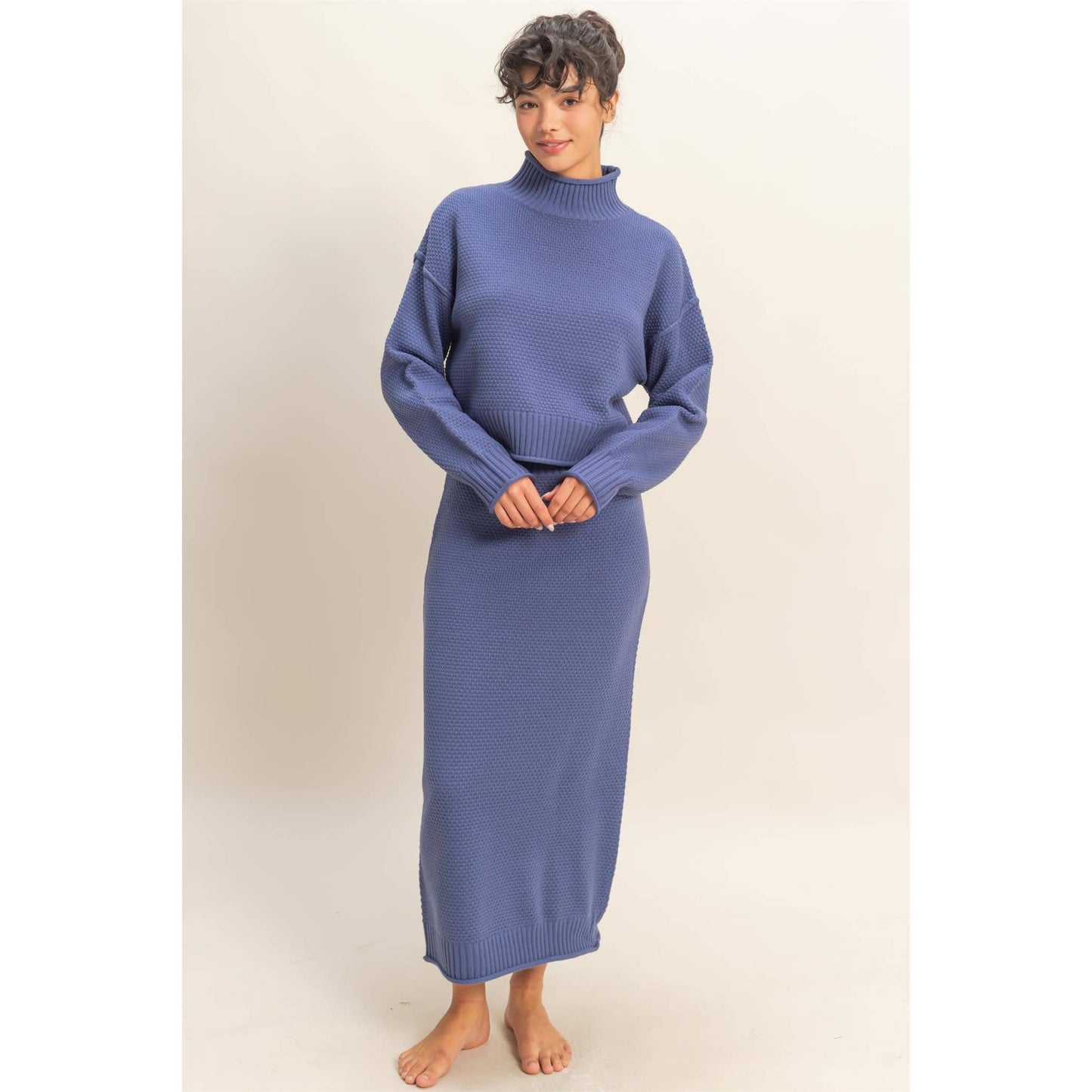 Textured High Neck Sweater & Skirt Set