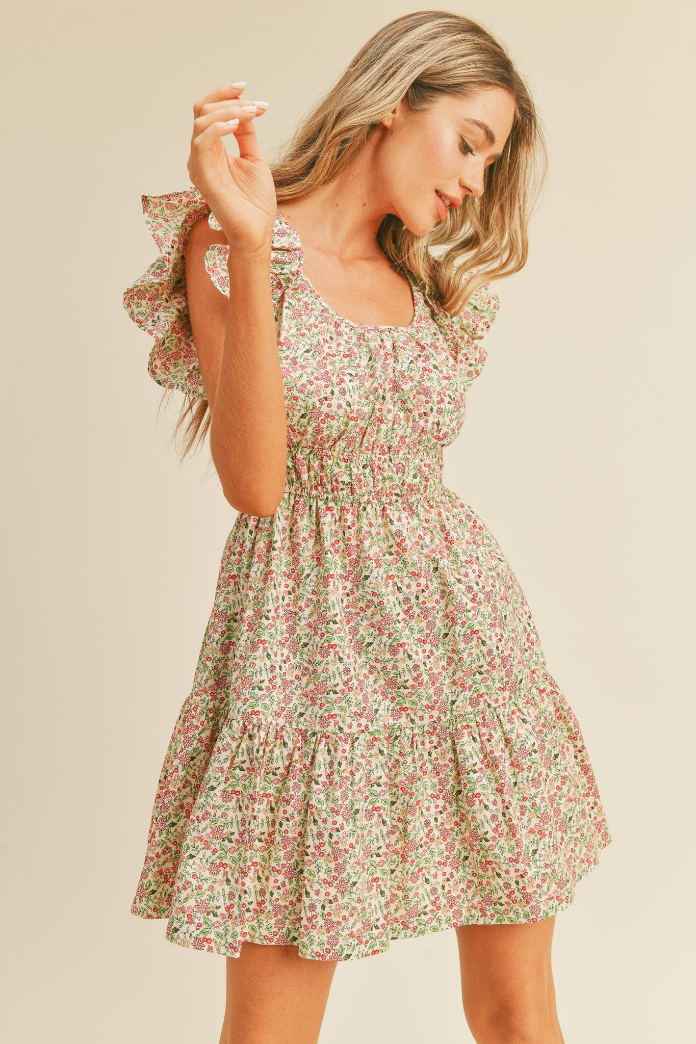 FLORAL PRINT FLUTTER SLEEVE MINI DRESS MDR1824