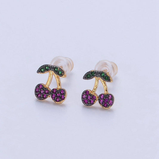 CZ Micro Pave 24K Gold Filled Cherry Fruit Stud Earrings