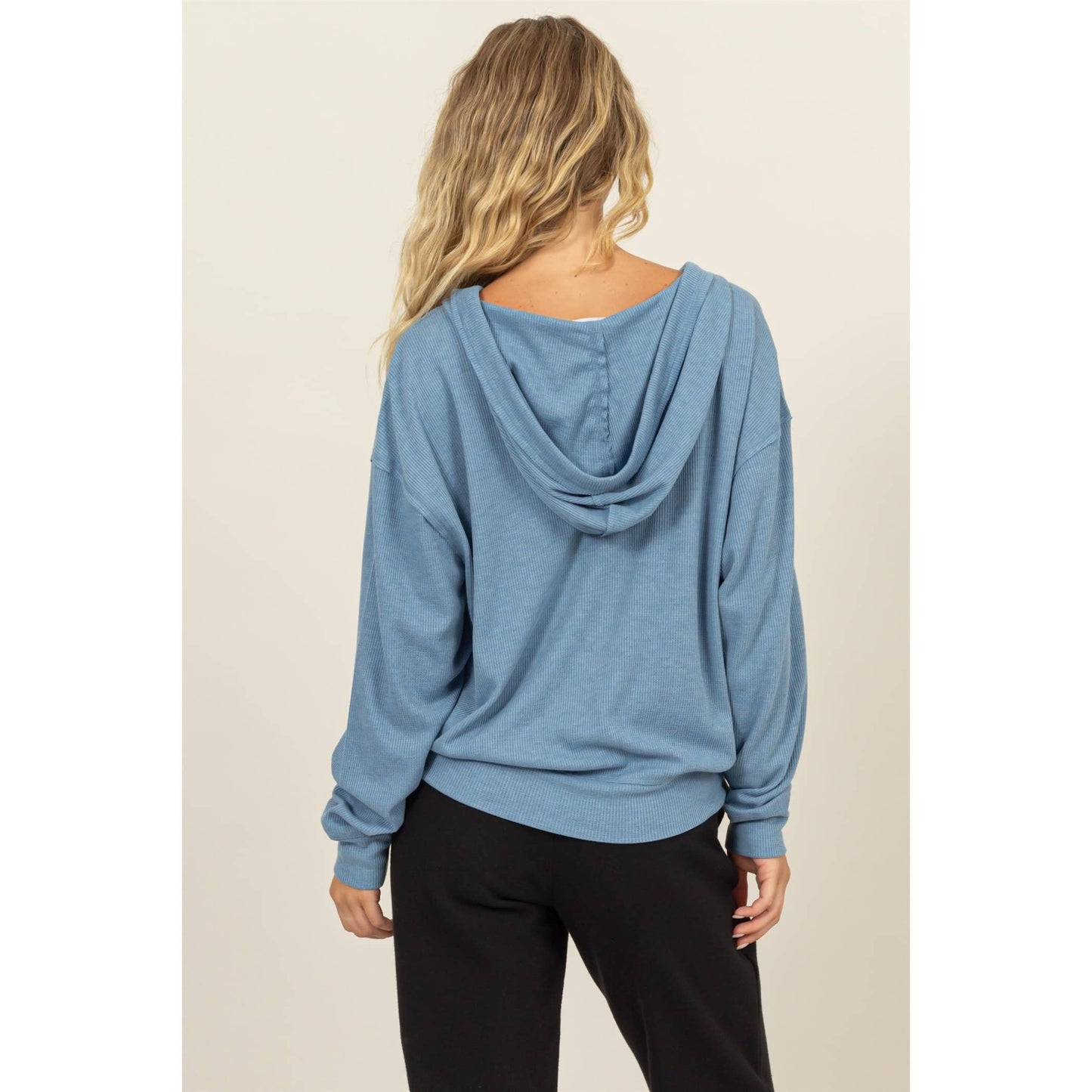 Relaxed Fit Notch Neck Ribbed Hoodie