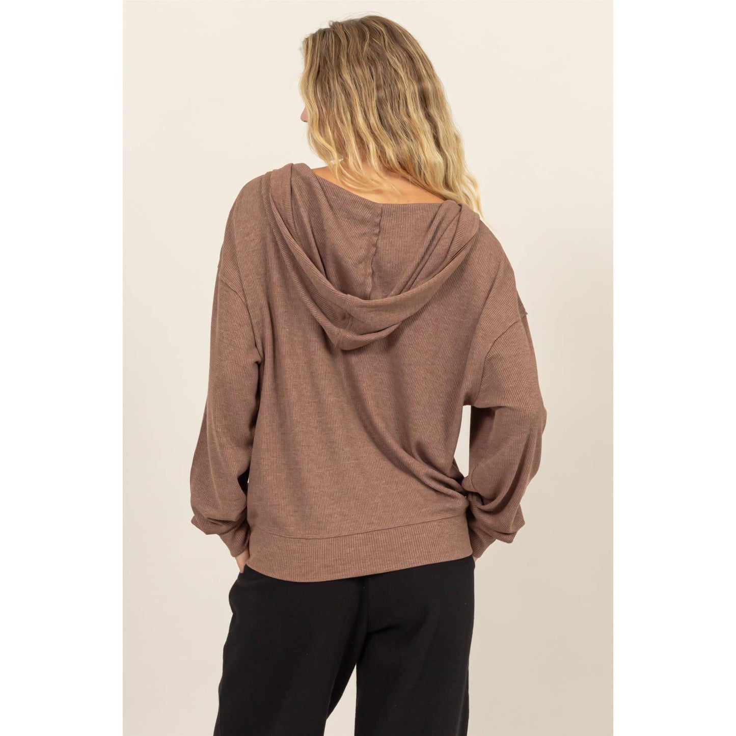 Relaxed Fit Notch Neck Ribbed Hoodie