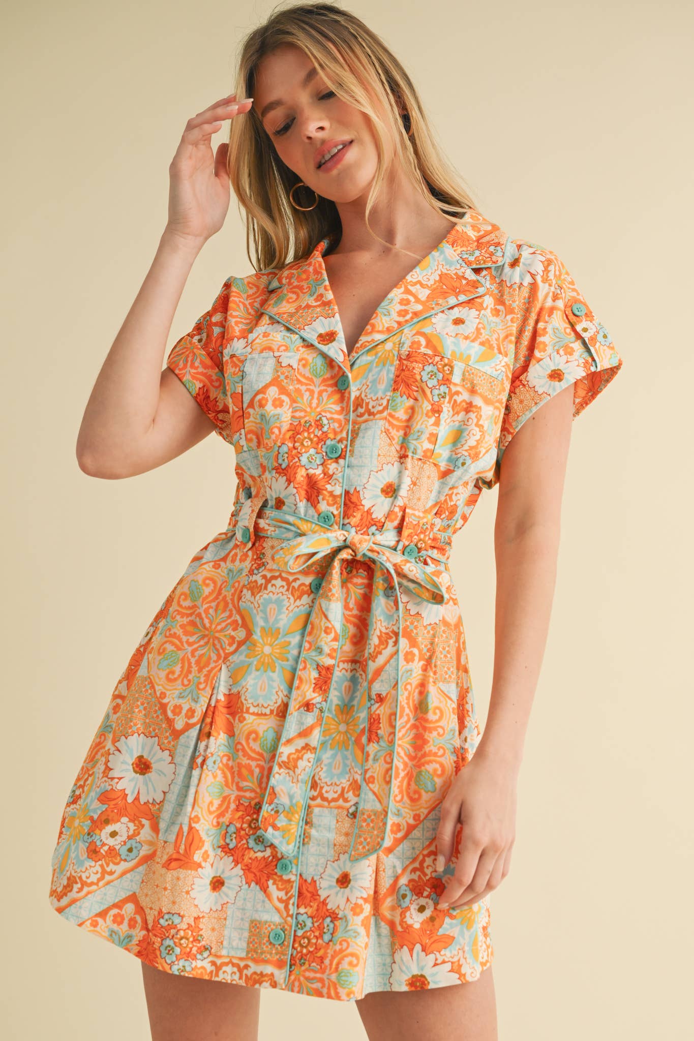 EXCLUSIVE PRINT BUTTON DOWN SHORT SLEEVE MINI DRESS MDR4044