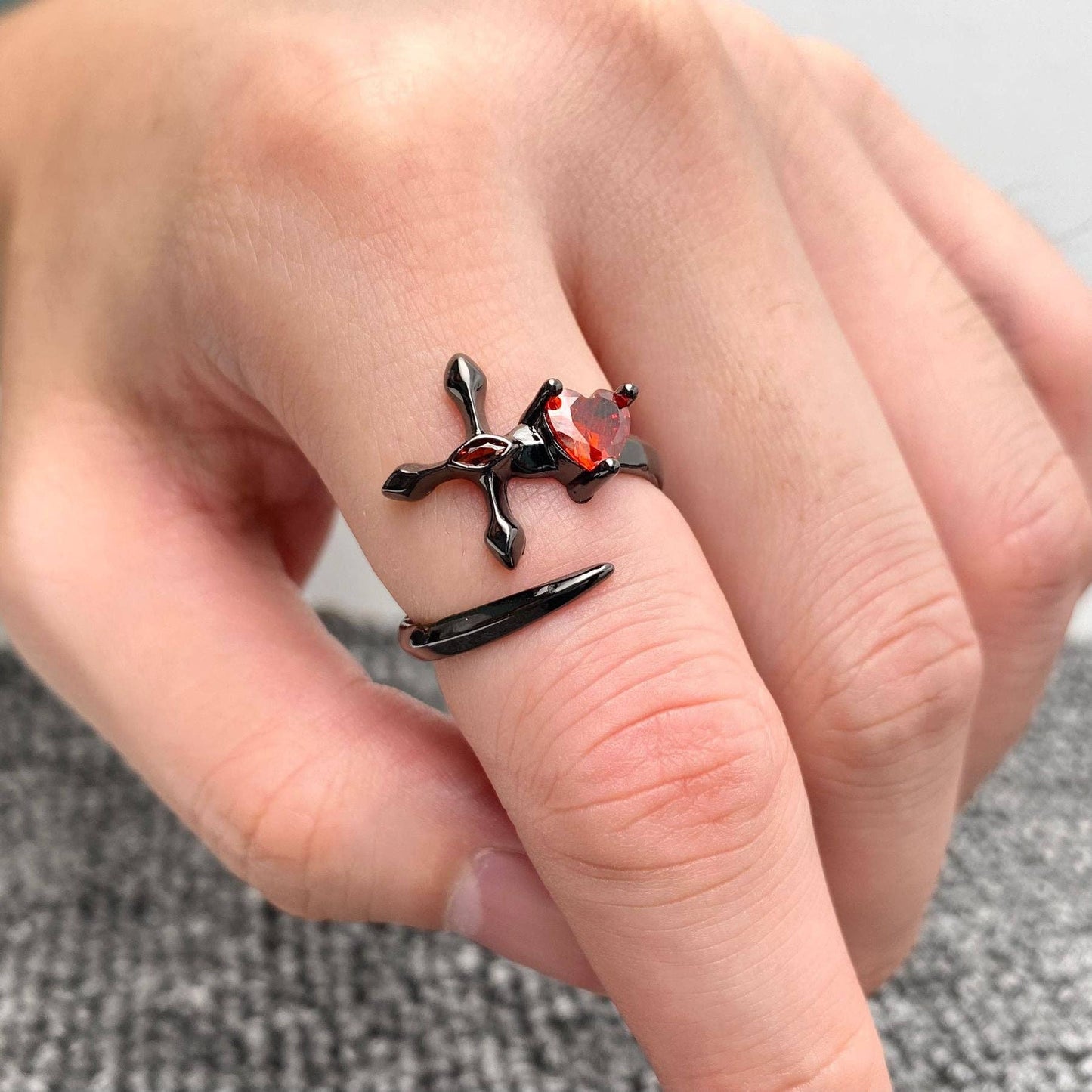 Gothic Inlay Heart CZ Cross Adjustable Black Ring - GT