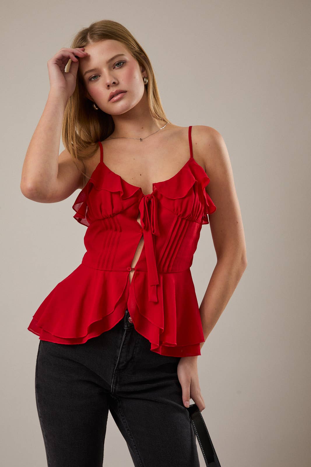 RUFFLE DETAIL PEPLUM SPAGHETTI TOP