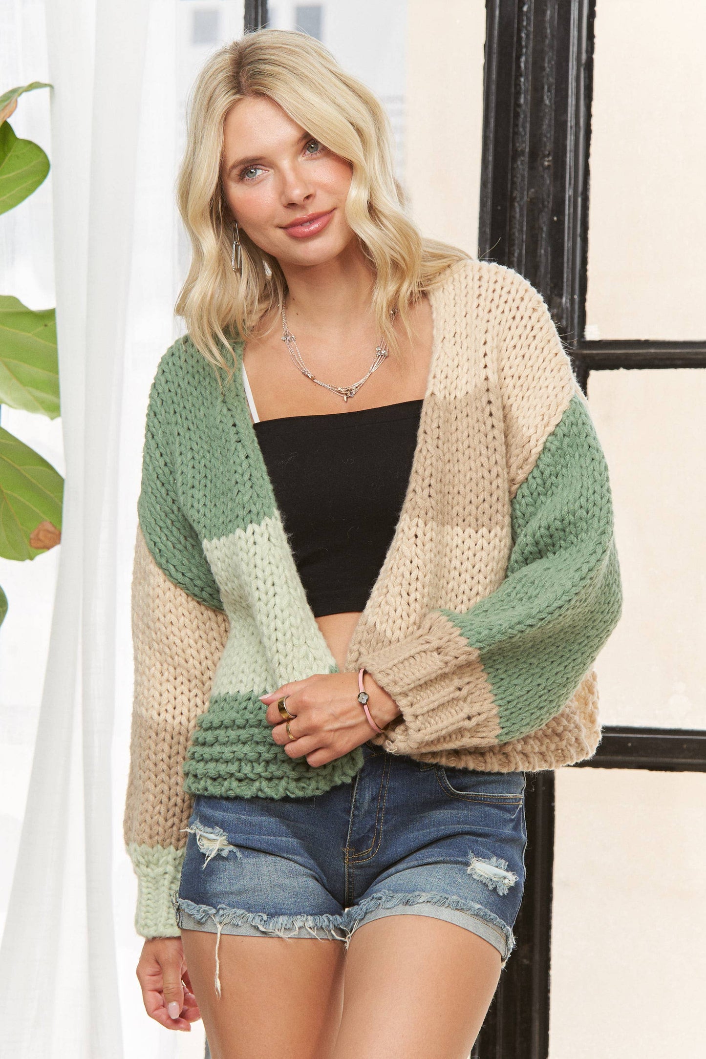 LESW3935-CHUNKY COLORBLOCK KNIT CARDIGAN