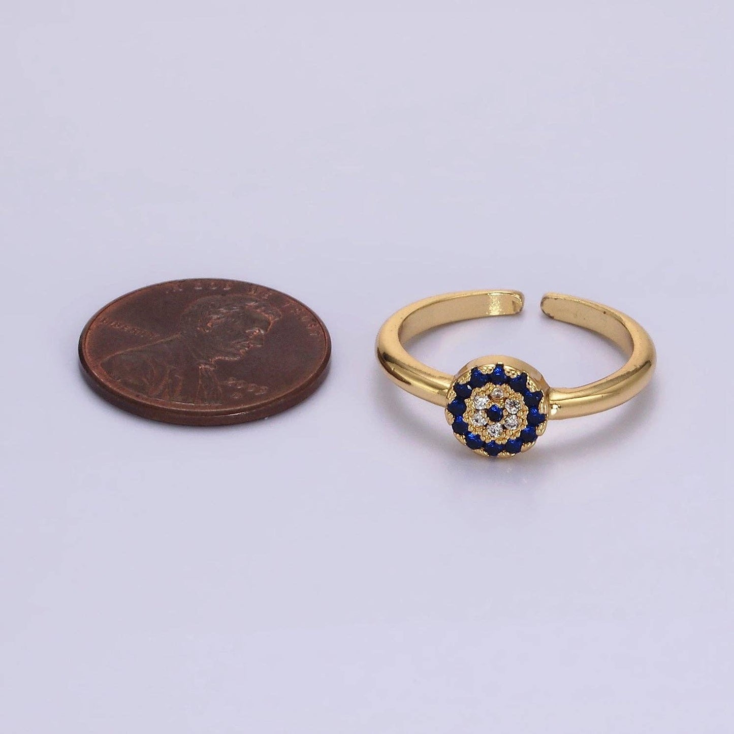 16K Gold Filled Blue Micro Paved CZ Round Evil Eye Ring | O1052
