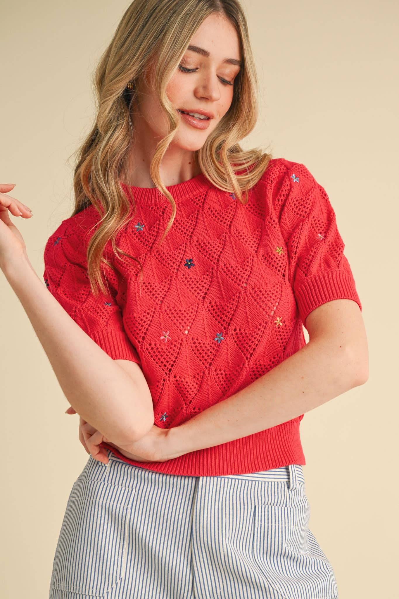 POINTELLE KNIT SWEATER WITH FLORAL EMBROIDERY MSW10819
