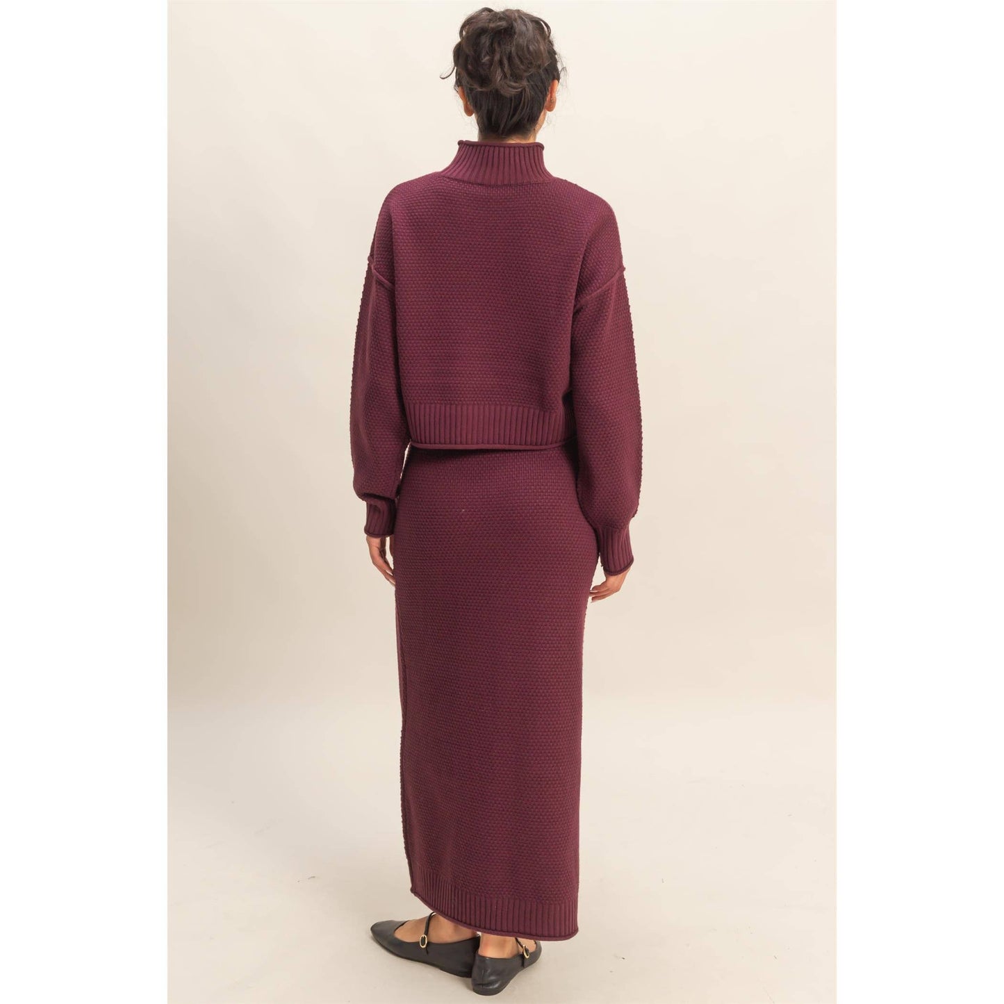 Textured High Neck Sweater & Skirt Set