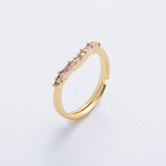 18K Gold Filled Dainty Clear, Pink Baguette Lined CZ Cluster Curved Adjustable Ring | O-2189