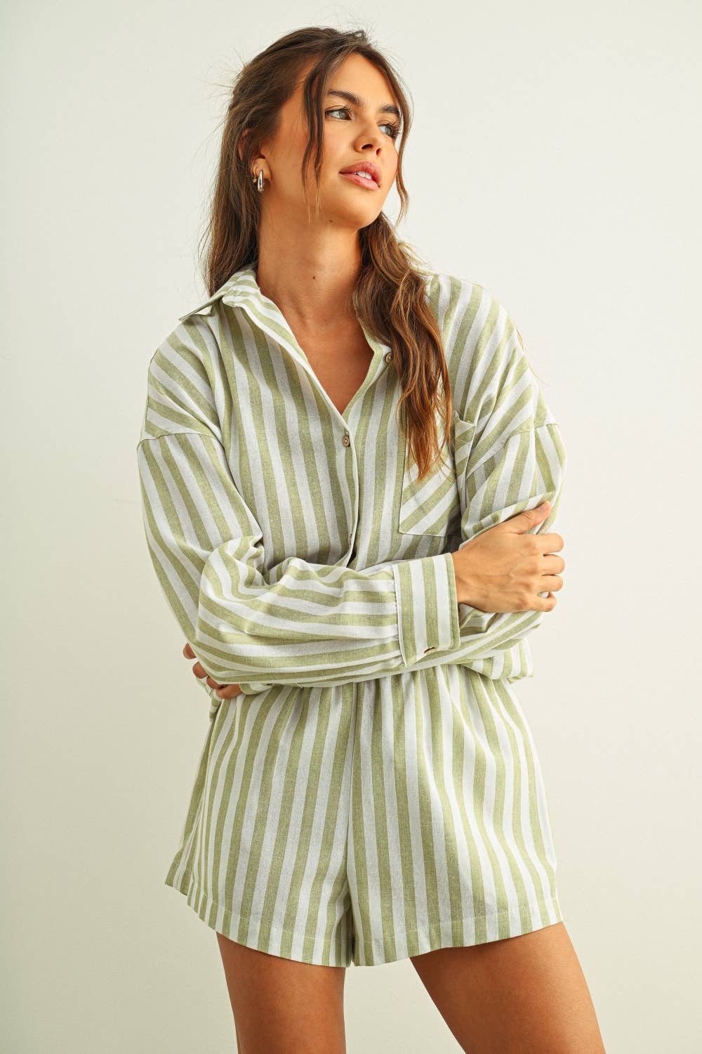 T6383ST   STRIPED BUTTON DOWN LINEN SHIRTS