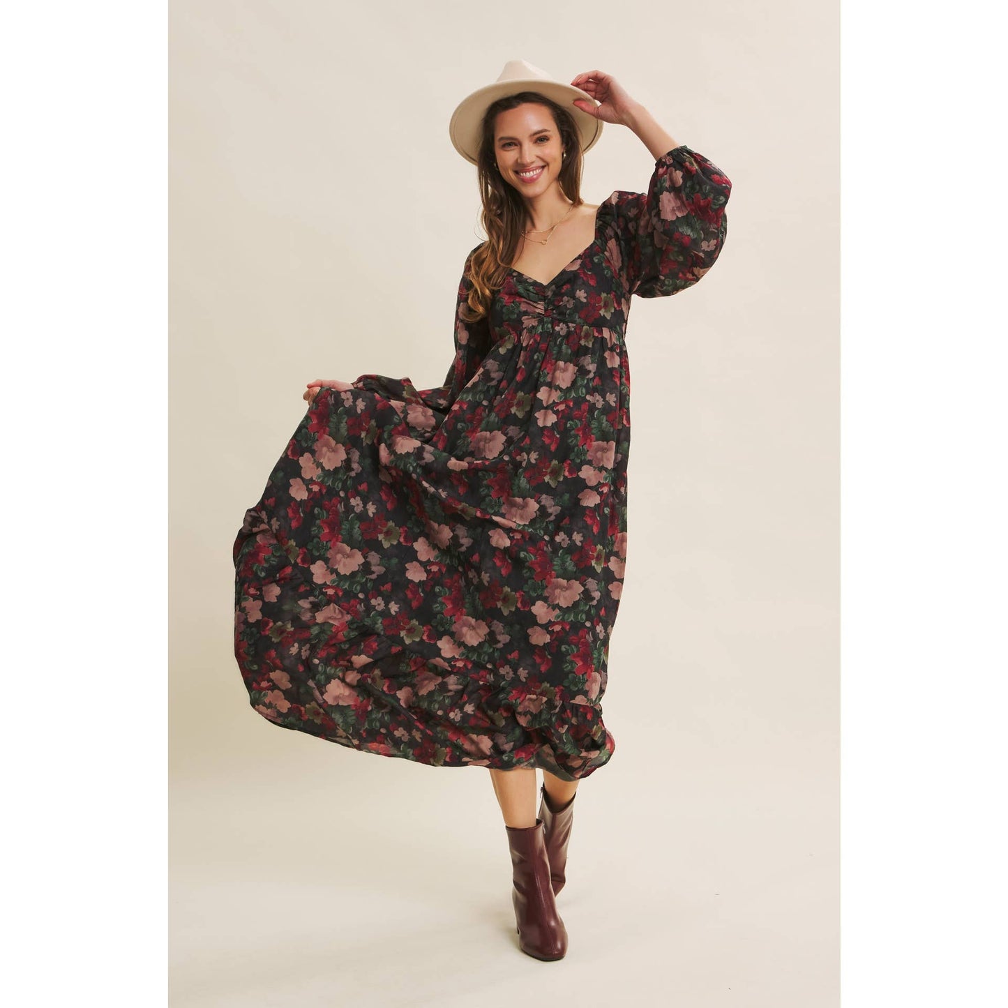 LOVE LETTER TO AUTUMN FLORAL CRINKLED MAXI SMOCKED DRESS