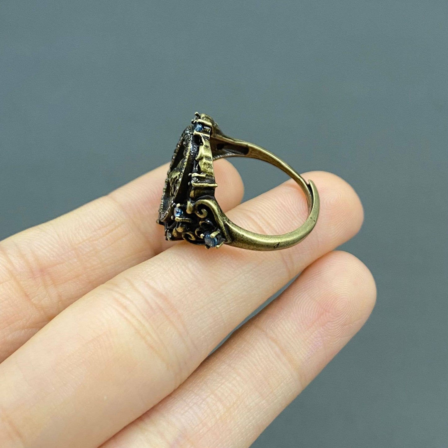 Vintage Rhinestone Baroque Goddess Bronze Adjustable Ring