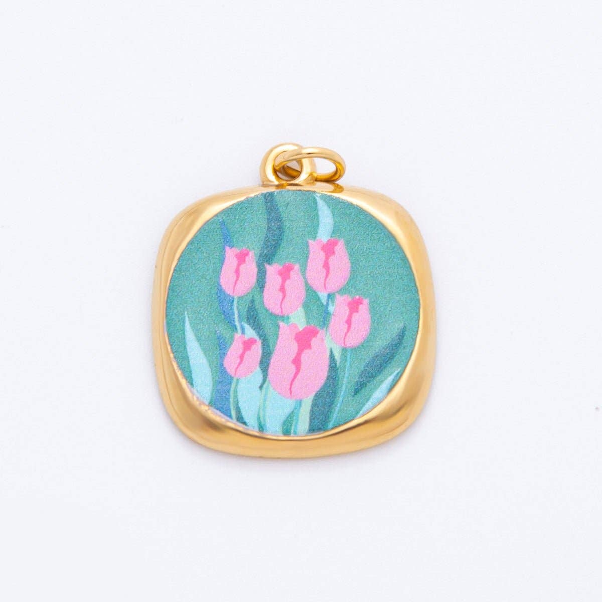 Gold Stainless Steel 25mm Hand-Painted Enamel Dreamy Theme Flower Charm | J319 J324 J335 J356 J358 J362