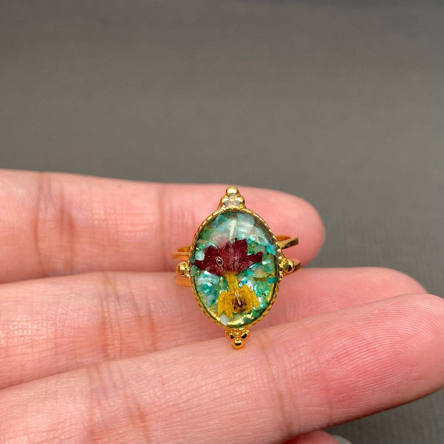 Dried flowers 18K Golden SS Adjustable Floral Rings- PDF/FGS