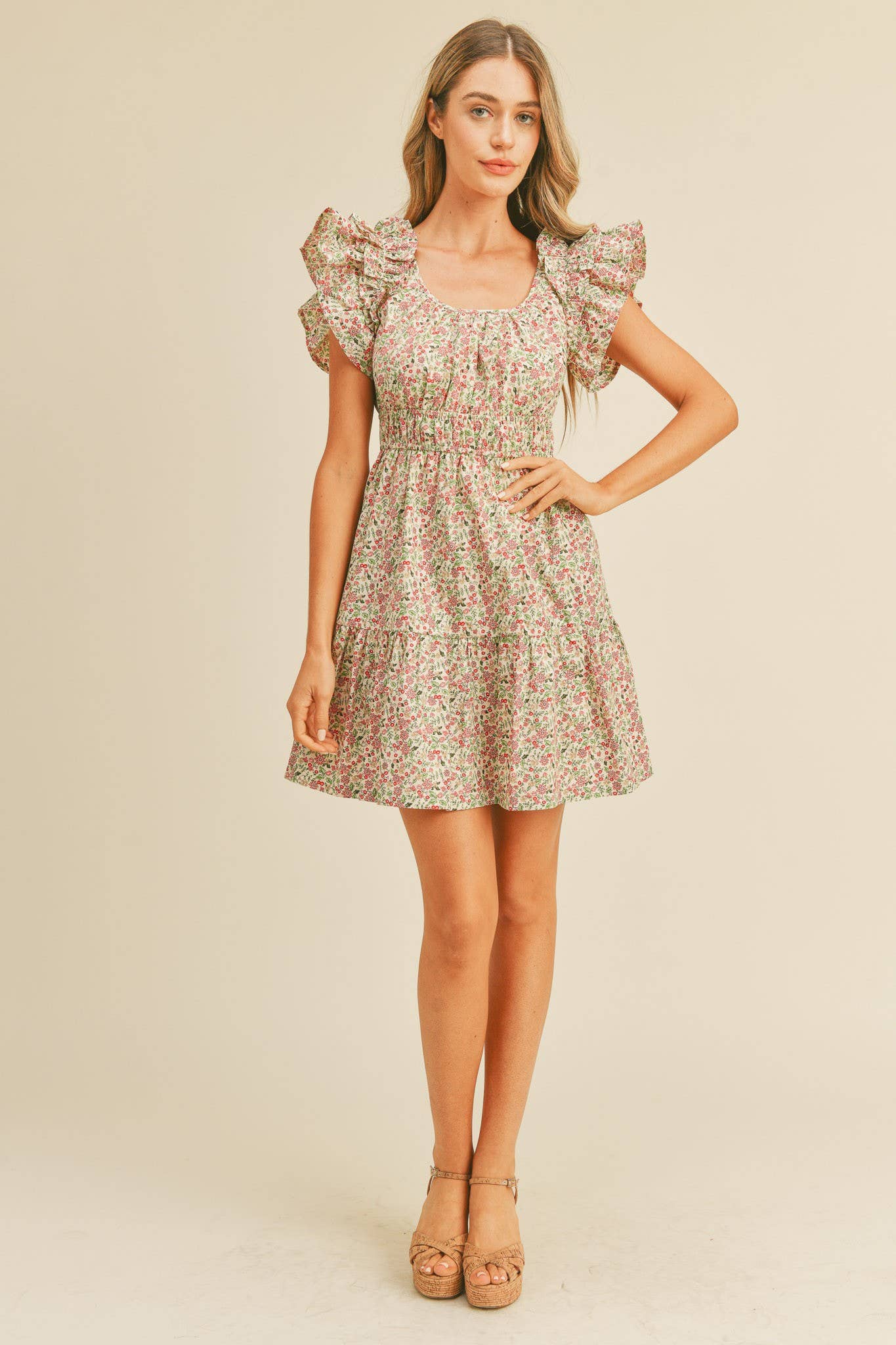 FLORAL PRINT FLUTTER SLEEVE MINI DRESS MDR1824