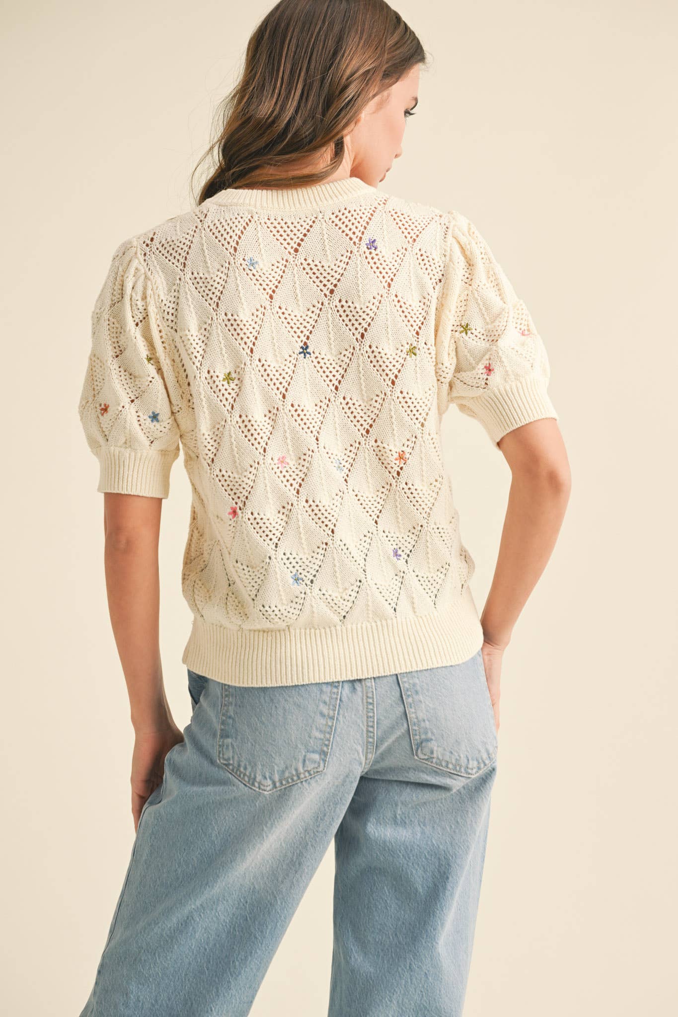 POINTELLE KNIT SWEATER WITH FLORAL EMBROIDERY MSW10819