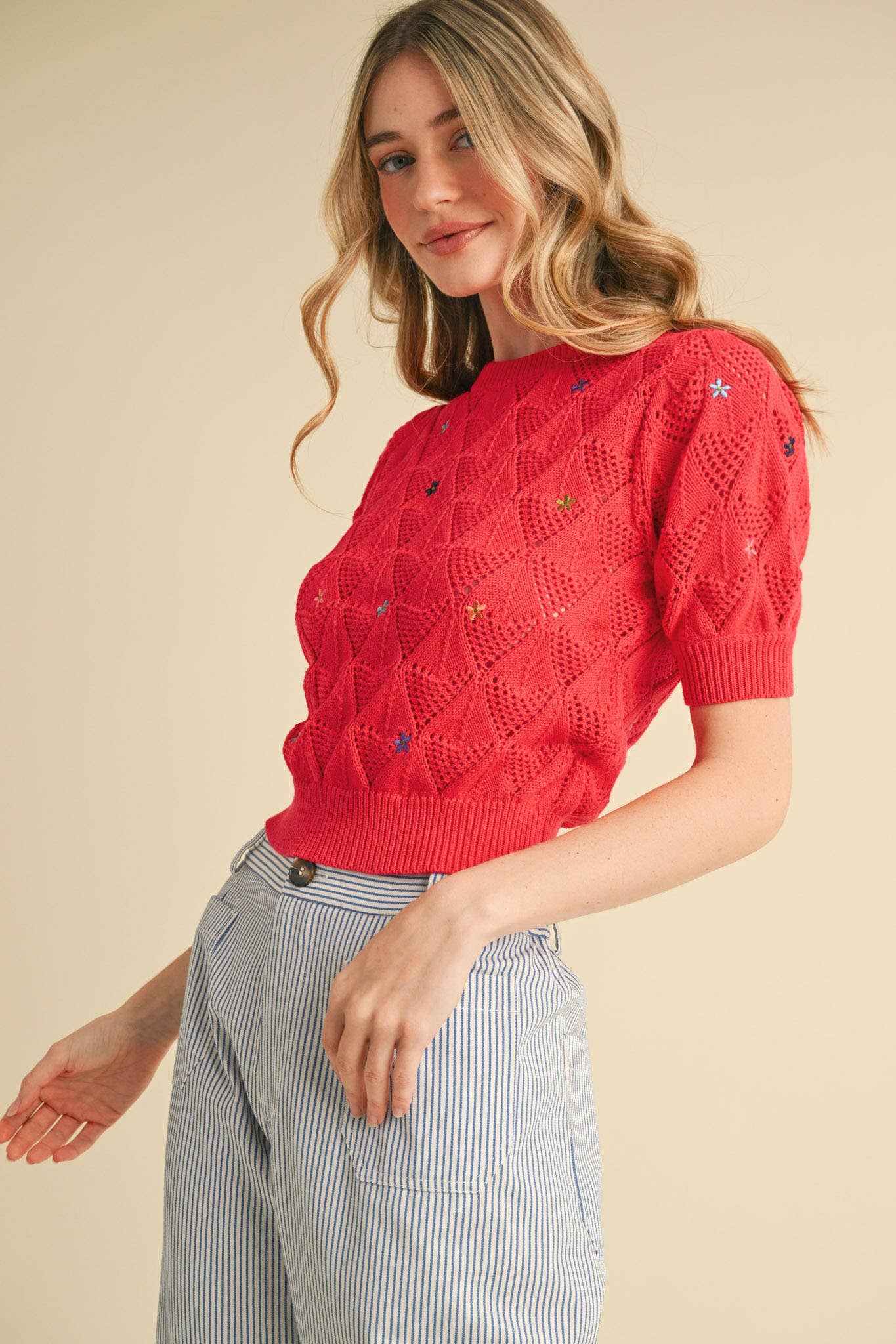 POINTELLE KNIT SWEATER WITH FLORAL EMBROIDERY MSW10819