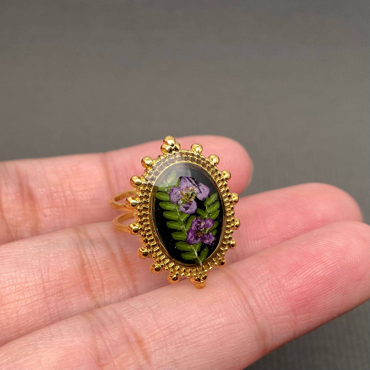 Dried flowers 18K Golden SS Adjustable Floral Rings- PDF/FGS