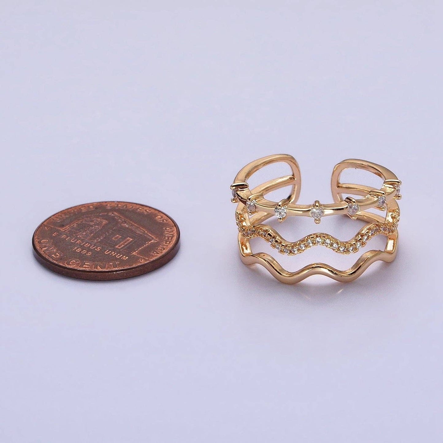 Dainty Gold Wavy Ring Triple Layer Gold Ring adjustable Minimalist Jewelry Stackable R-092 AA-1249