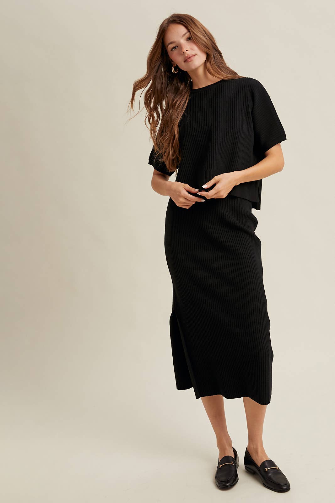 RIBBED KNIT SWEATER TOP AND SKIRT SET / WL25-10638