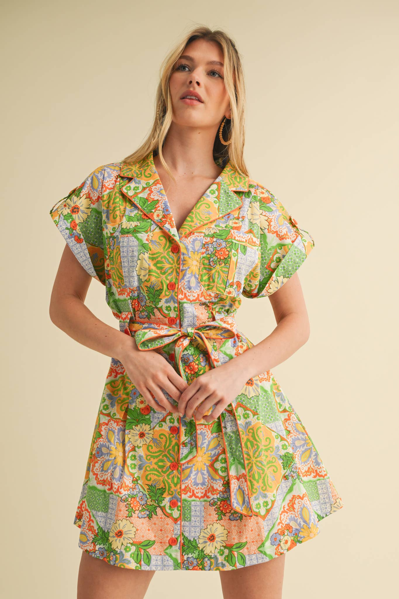 EXCLUSIVE PRINT BUTTON DOWN SHORT SLEEVE MINI DRESS MDR4044