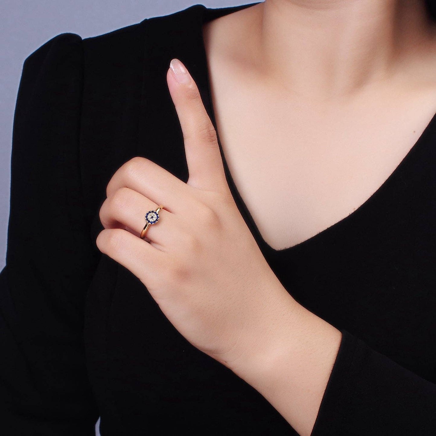 16K Gold Filled Blue Micro Paved CZ Round Evil Eye Ring | O1052