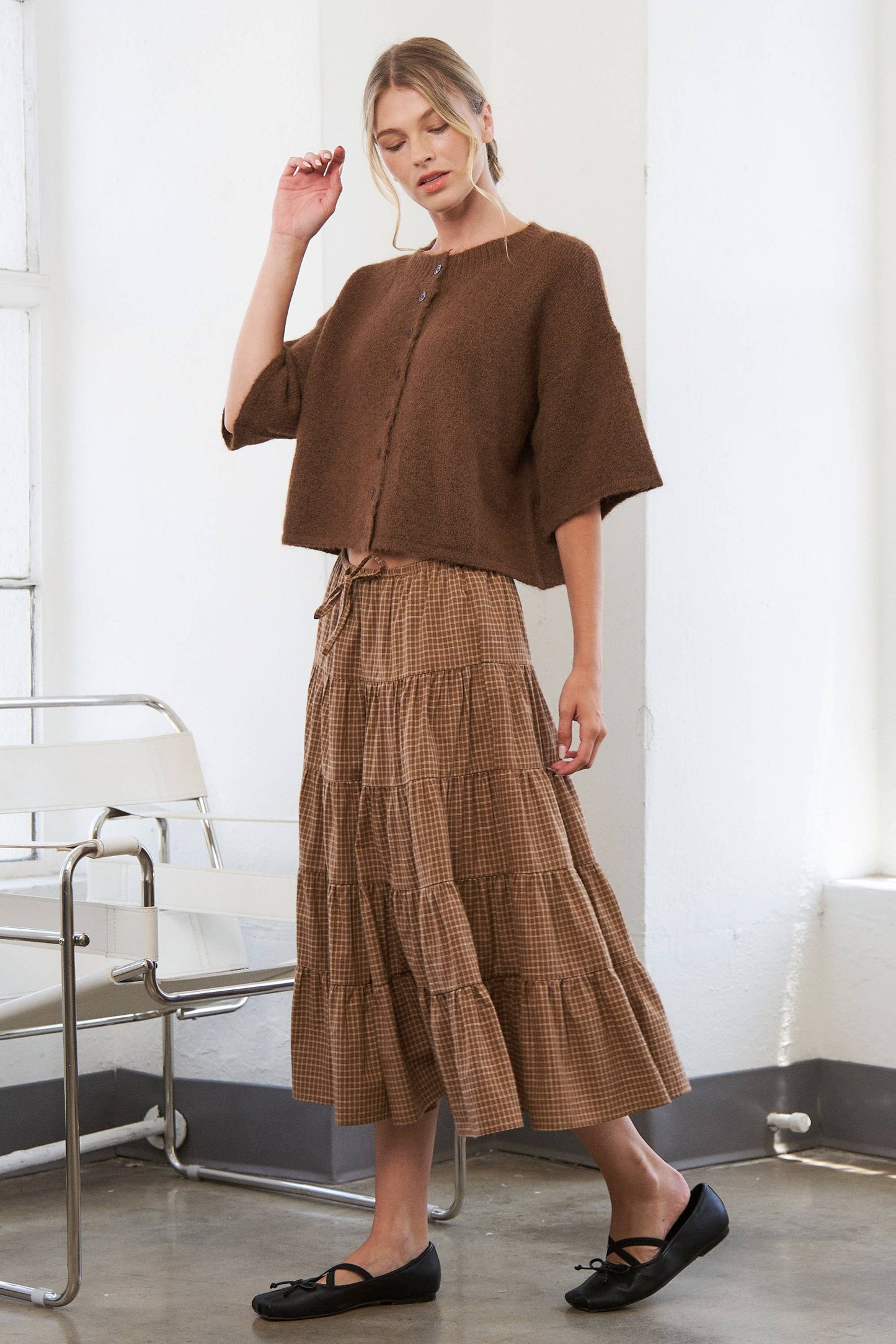 Caramel Gingham Elastic Waistband Skirt