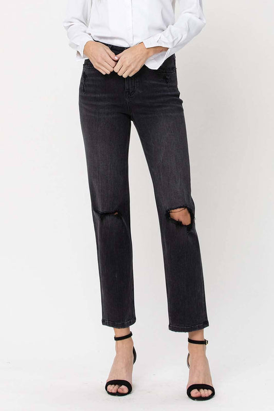 HIGH RISE DISTRESSED CROP STRAIGHT JEANS F4293