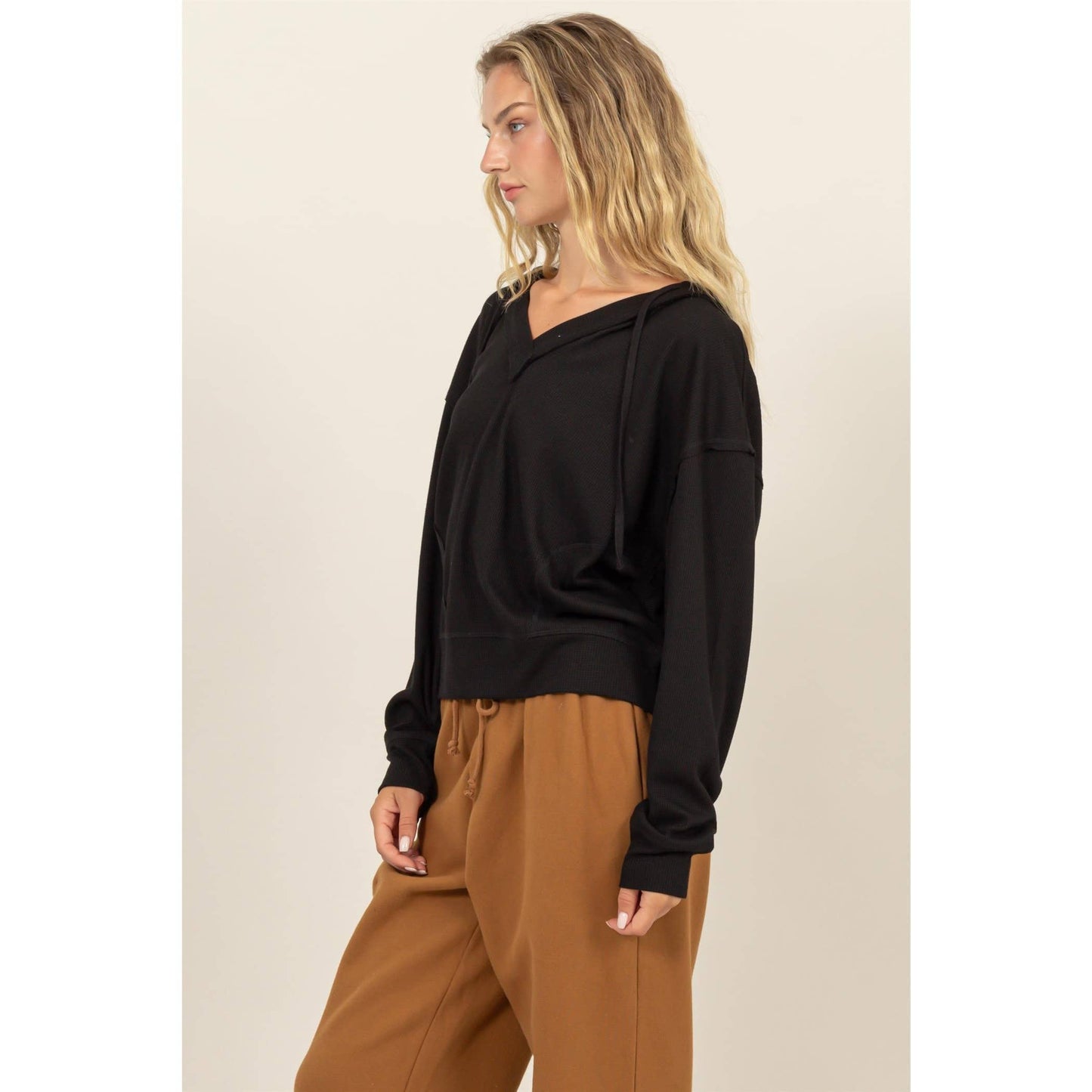 Relaxed Fit Notch Neck Ribbed Hoodie