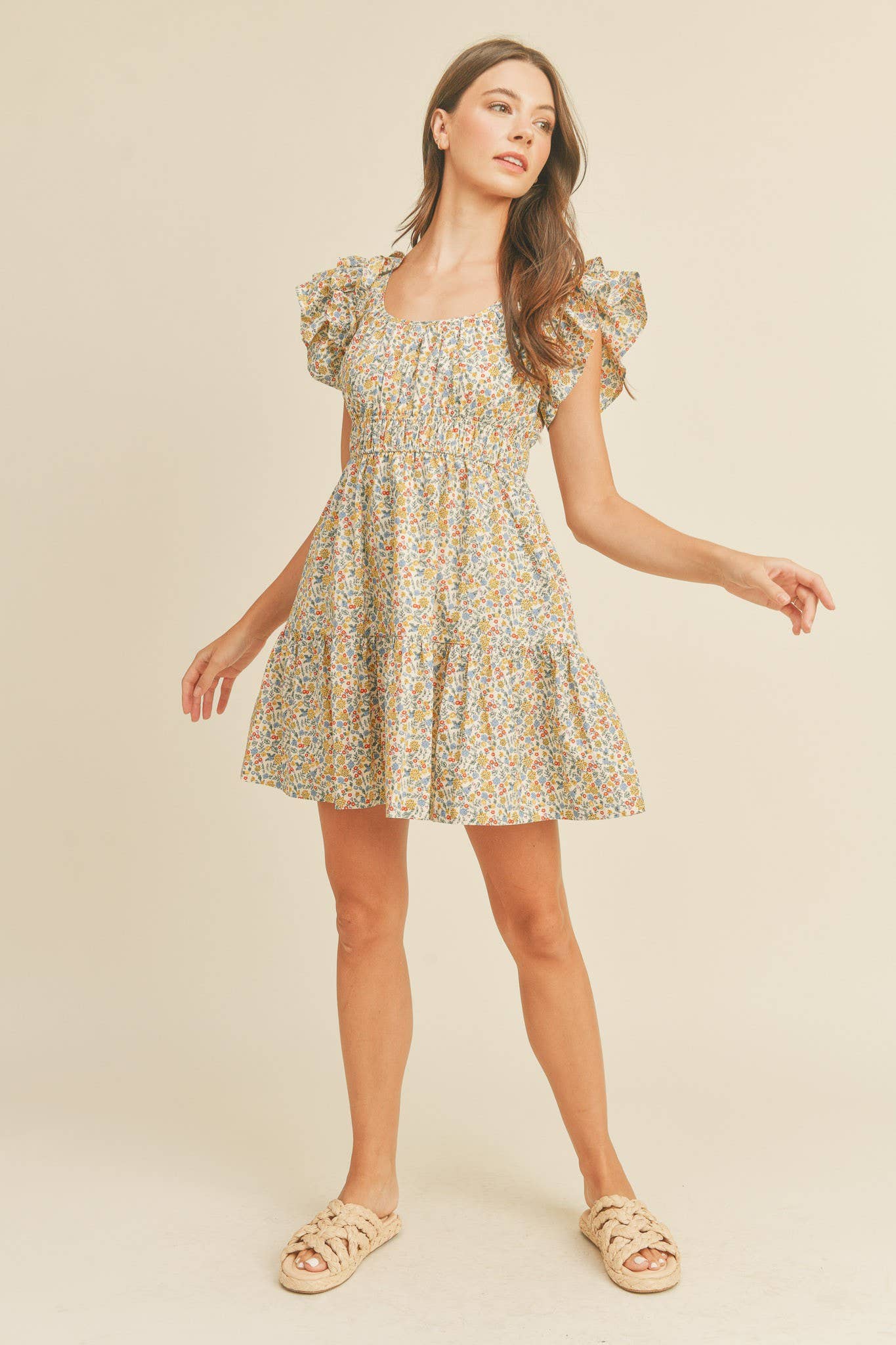 FLORAL PRINT FLUTTER SLEEVE MINI DRESS MDR1824