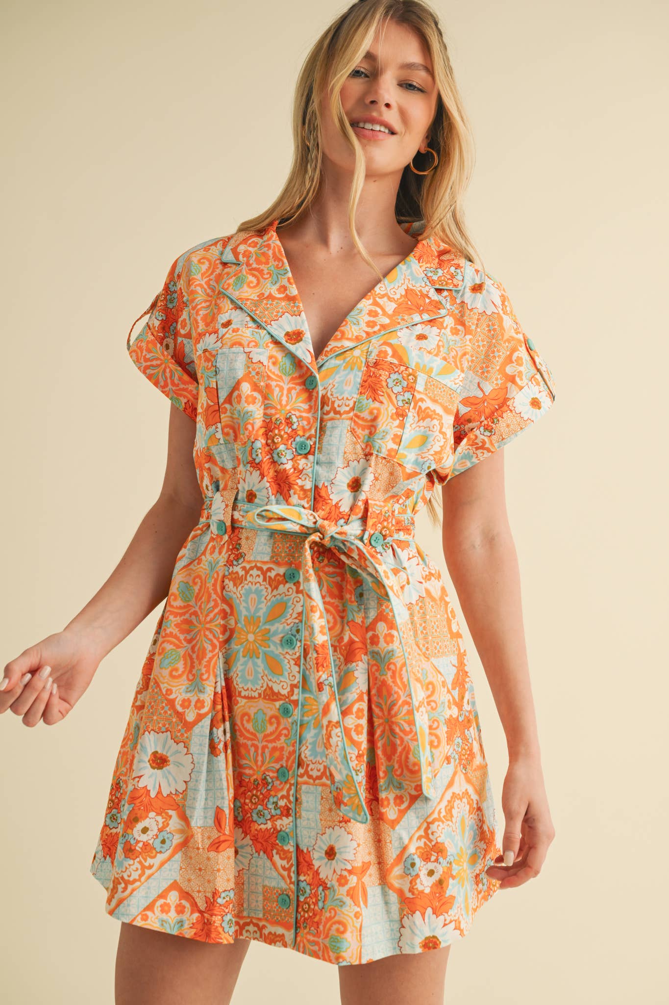 EXCLUSIVE PRINT BUTTON DOWN SHORT SLEEVE MINI DRESS MDR4044