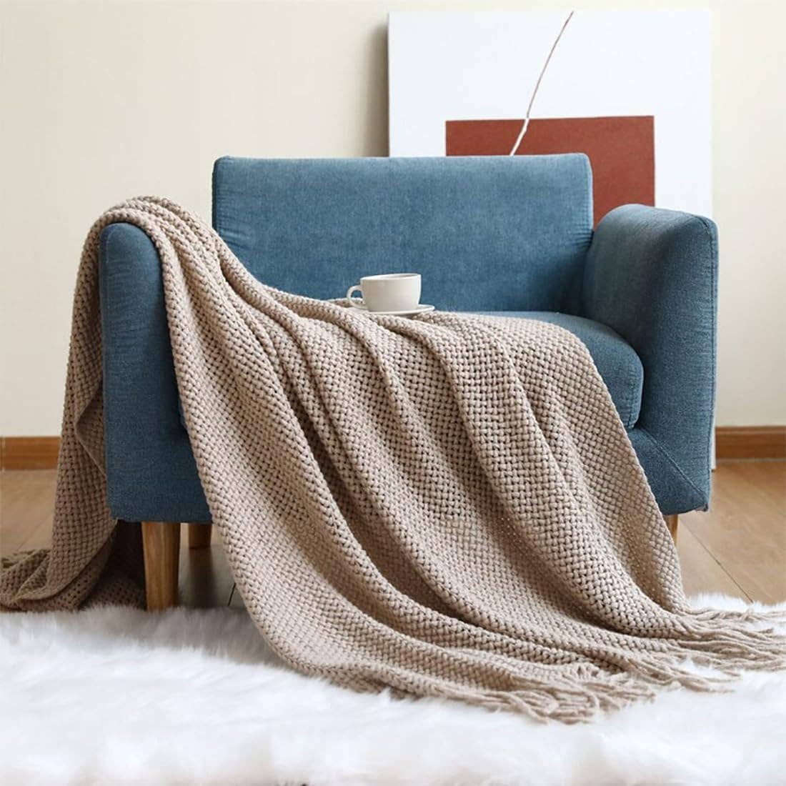 Knit Textured 50x60 Inch Throw Blanket with Fringe