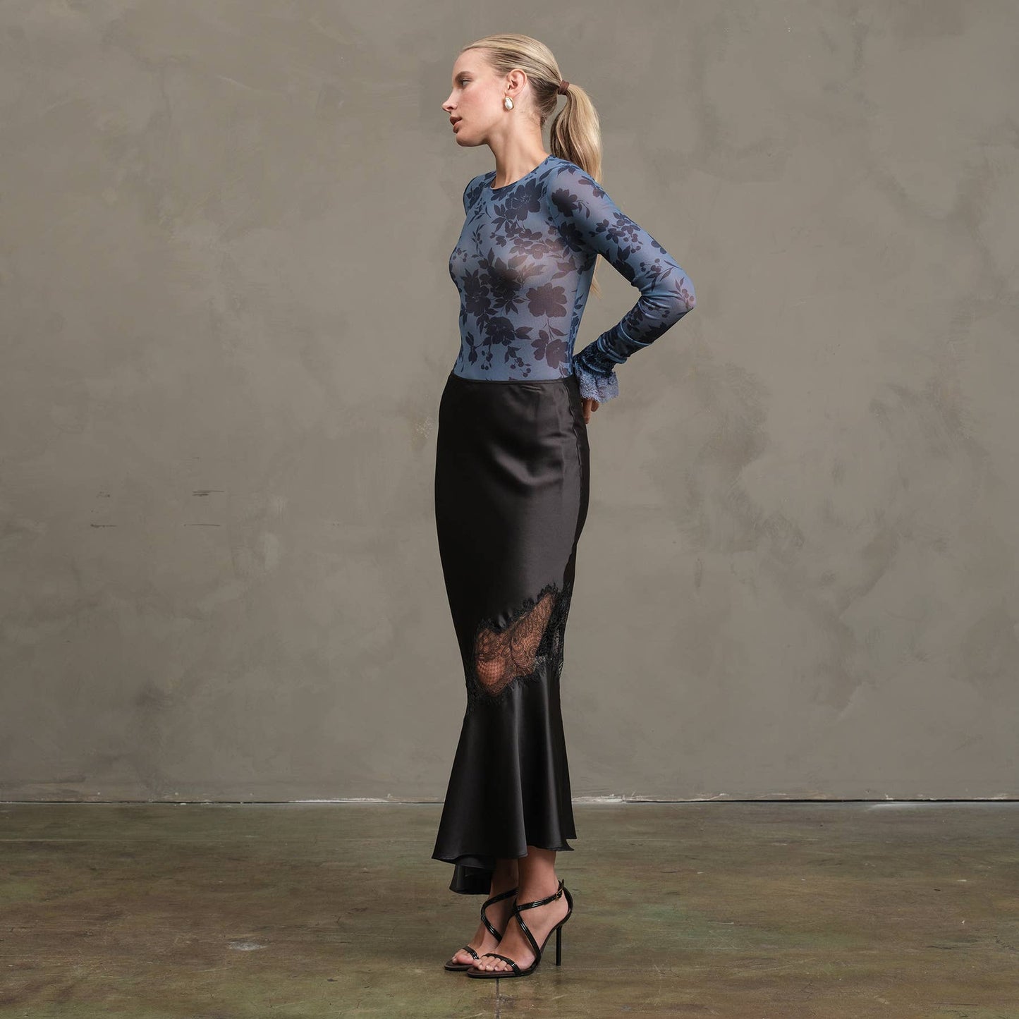 Satin Bias Lace Panel Skirt - RS1005