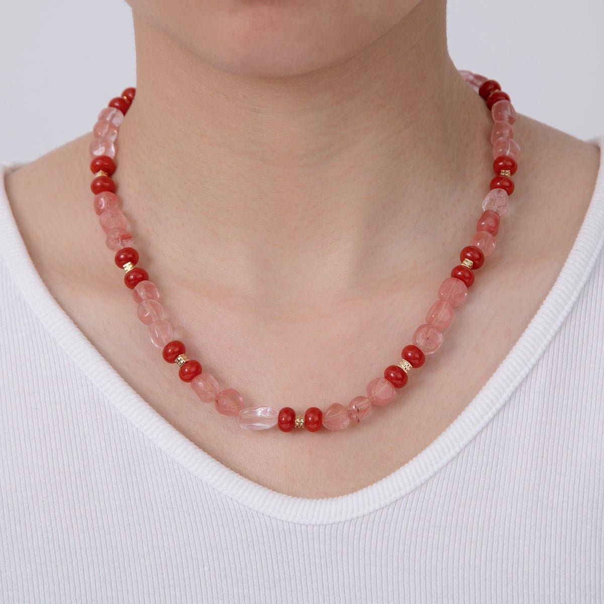 16K Gold Filled 8mm Red Quartz Carnelian Gemstone Bead 17.5 Inch Handmade Necklace | WA-019