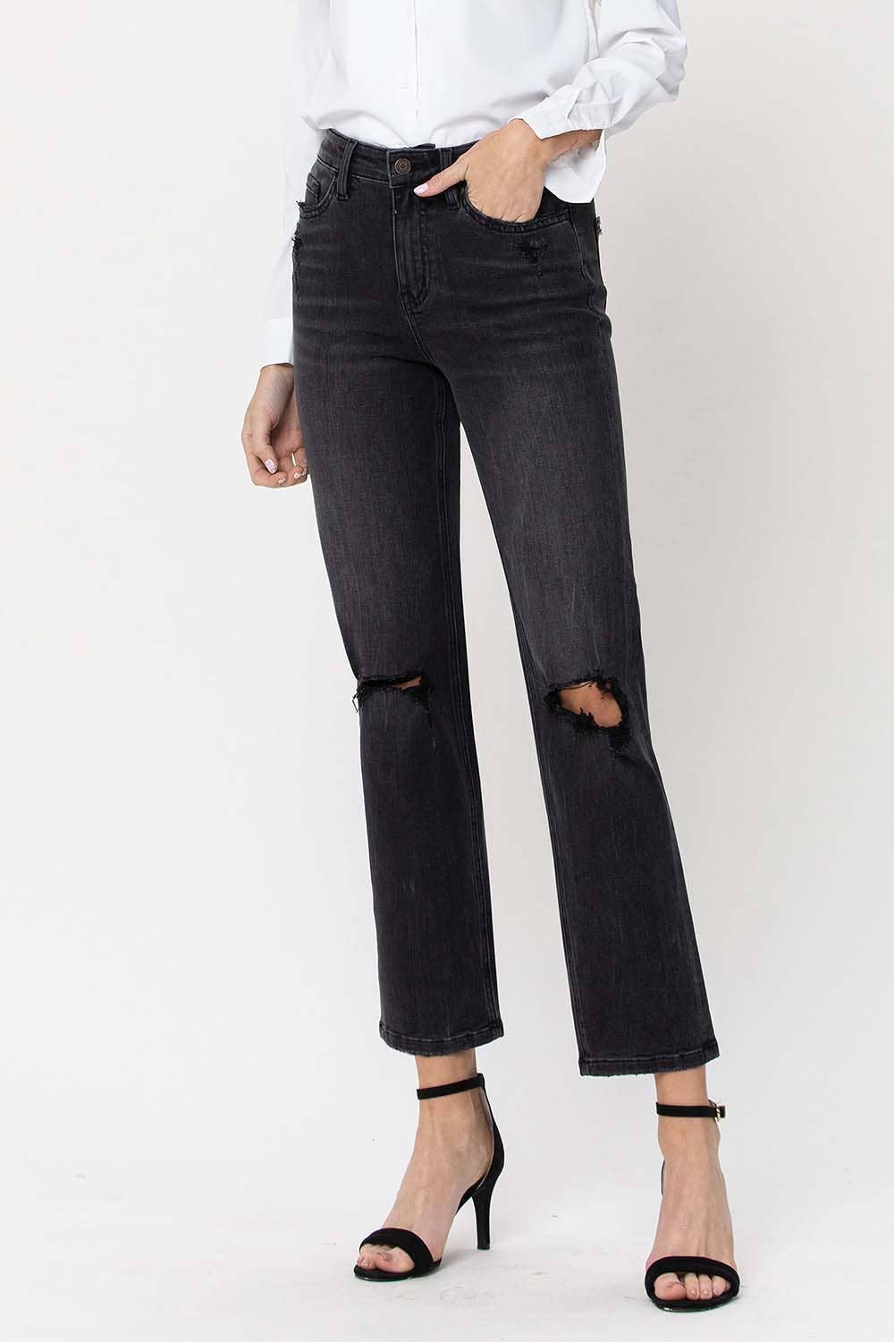 HIGH RISE DISTRESSED CROP STRAIGHT JEANS F4293