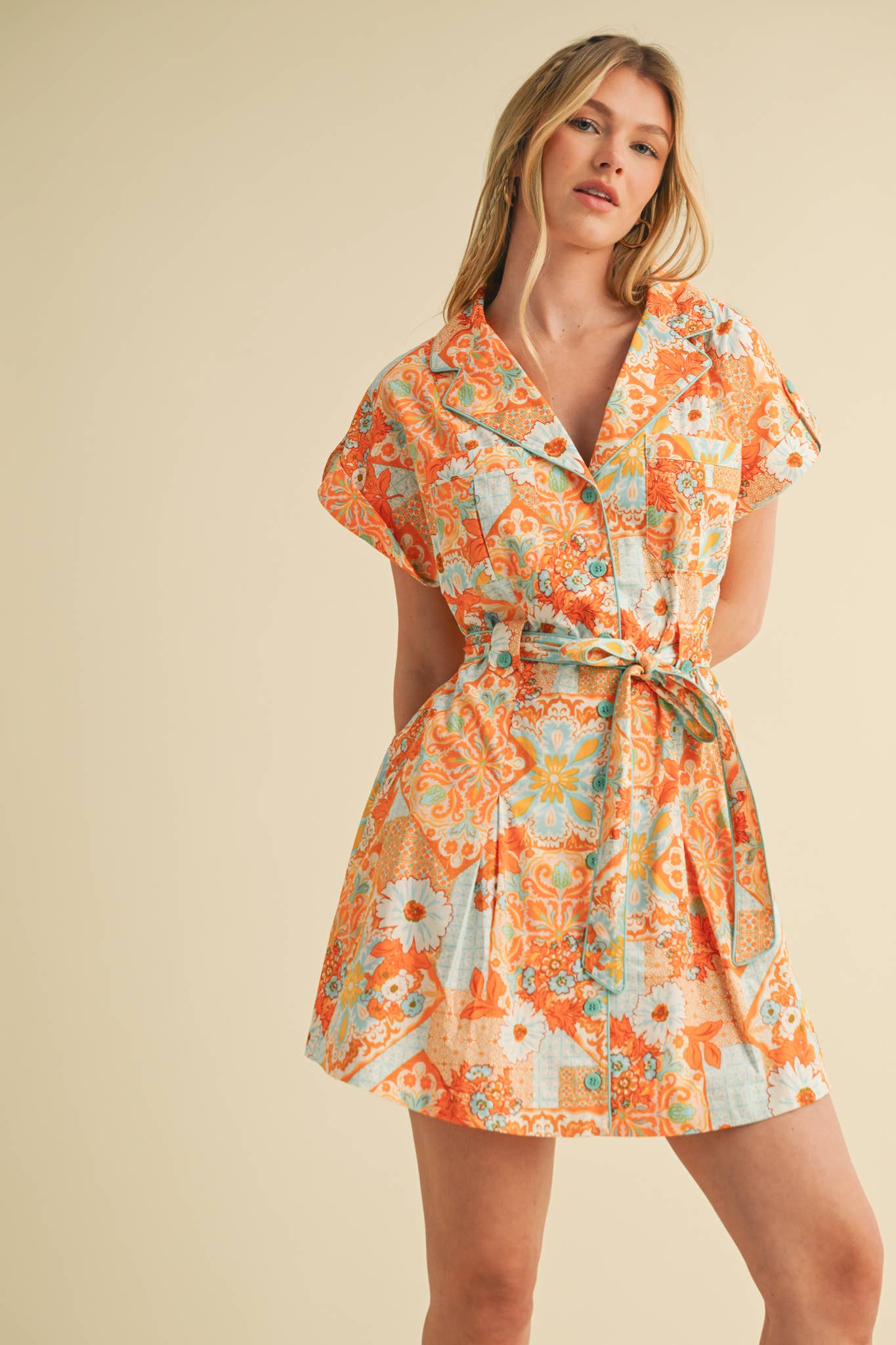 EXCLUSIVE PRINT BUTTON DOWN SHORT SLEEVE MINI DRESS MDR4044