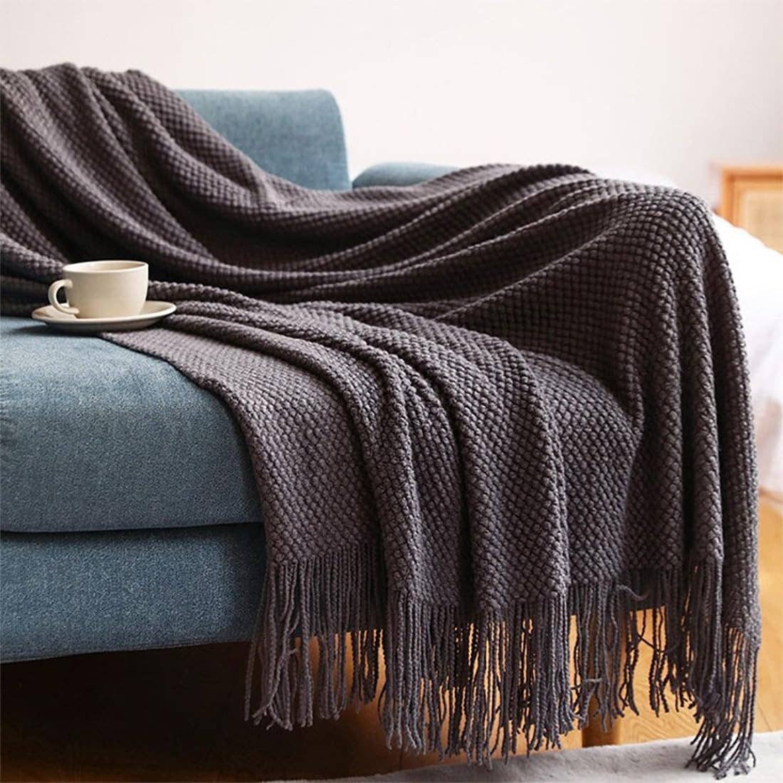 Knit Textured 50x60 Inch Throw Blanket with Fringe