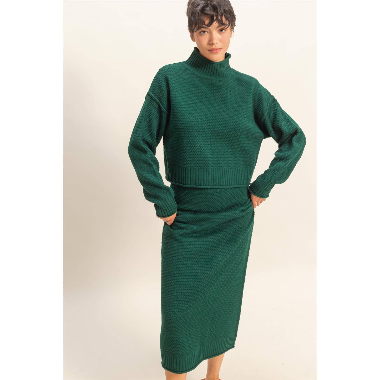 Textured High Neck Sweater & Skirt Set